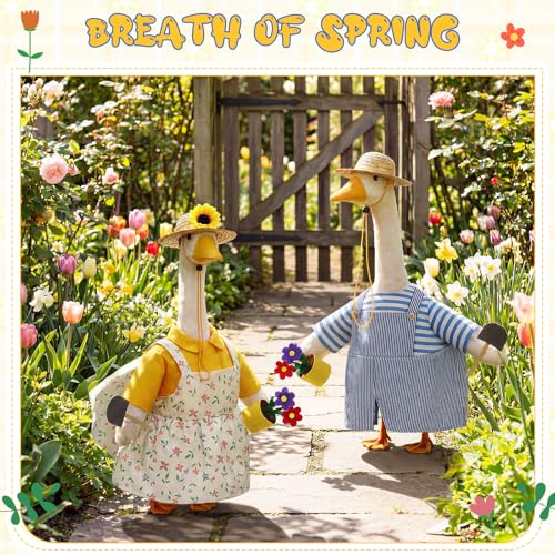 2 Set Porch Goose Outfit Spring Gardener Goose Clothes with Small Flower Pot for 23" Cement Outdoor Patio Yard Decor (Sunflower) - style: Sunflower