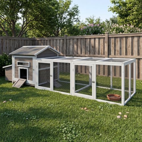 YOPTO Wooden Chicken Coop, 114 in, Outdoor Run, Gray | Solid wood, Asphalt roof, Outdoor run, 2-compartment nesting box, Pull-out tray, Ventilated design - size: 118.0"L x 27.6"W x 36.6"H