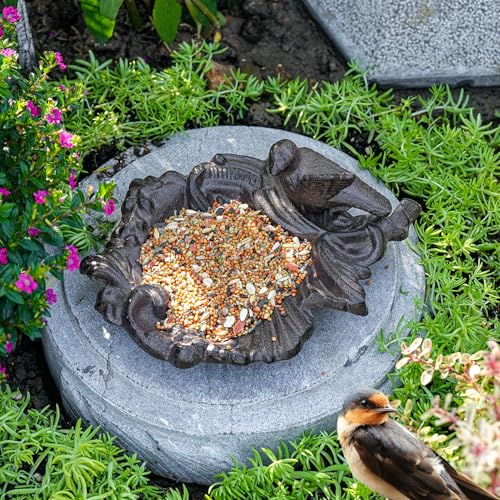Sungmor Cast Iron Bird Feeder Dish, Rustic Brown Small Bird Feeding Tray | Decorative Leaf-Shaped Outdoor Bath Bowl Food Container for Garden, Patio or Yard - color: Antique Brown
