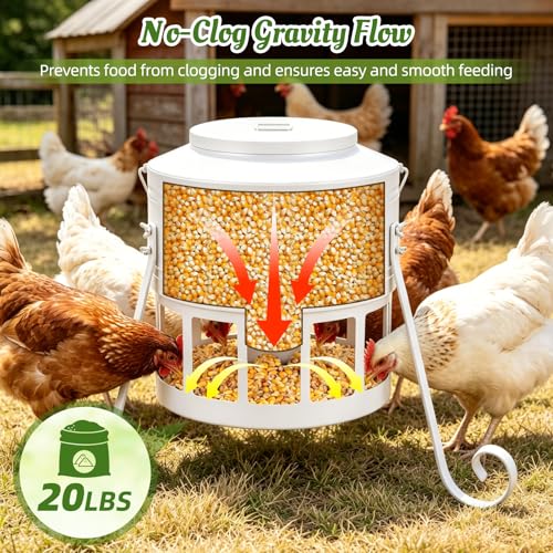Metal Chicken Feeder, 20Lbs Large No Waste Chicken Feeder with 12 Ports, Heavy Duty Poultry Feeder with Lid & Handle, Rat Proof Rust Proof Feed Box for Chickens Ducks Geese Backyard Farm (White) - color: White