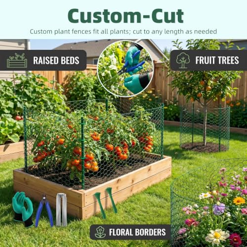 16in x 16.4ft PVC Coated Chicken Wire Mesh Fence | Garden Fencing Cages & Plant Protectors from Animals Kit with 50 Zip Ties, 15 U-Stakes, Gloves & Pliers for Outdoor Plants - size: 16.4Ft x 16In