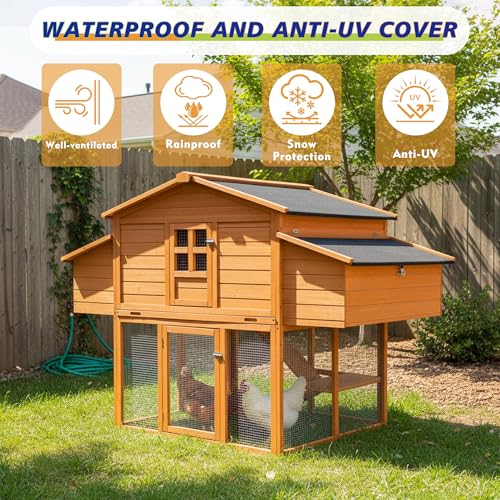 Chicken Coop for 6-8 Chickens with 2 Nesting Boxes, Removable Leakproof Tray, UV-Resistant Roof, 6 Access Doors 70x42x55in