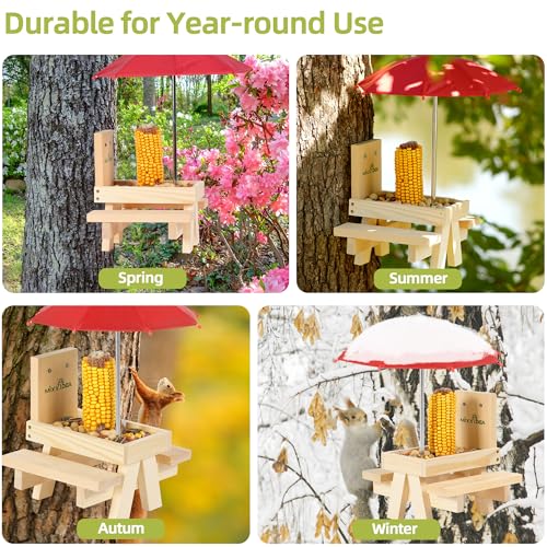 Squirrel Feeder Table with Umbrella, Wooden Squirrel Picnic Table Feeder, Sturdy Squirrels Feeder Corn Cob Holder, with Solid Structure and 2 x Thick Benches(1pk) - color: 1-Red