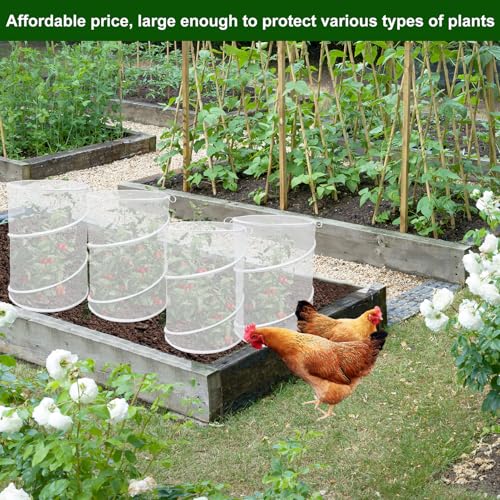 4 Pack Pop up Plant Covers Tent from Animals, 20"H X 13"D Insect Barrier Mesh Plant Guard Cover Net White Garden Plant Protectors Mini Greenhouse Plant Protection Cage with Stakes for Outdoor Plants - color: White