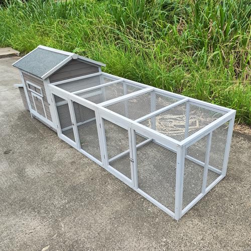 YOPTO Wooden Chicken Coop, 114 in, Outdoor Run, Gray | Solid wood, Asphalt roof, Outdoor run, 2-compartment nesting box, Pull-out tray, Ventilated design - size: 118.0"L x 27.6"W x 36.6"H