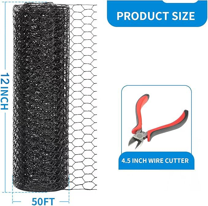 12'' x 50' Black Chicken Wire Fencing, 1 inch Chicken Wire and 19 Gauge Poultry Netting, Garden Mesh Fence Roll for Floral Arrangements/Crafts/Farm/Livestock/Pet Protection - size: 19 gauge 12'' x 50'