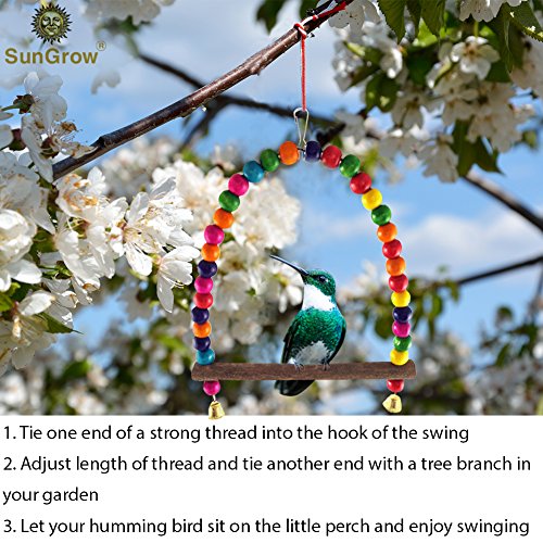 SunGrow Colorful Finch Swing Toy with Bells, Wooden Perch Stand for Canary, Lovebird & Budgie, 8.5x6 Inches, Sturdy Rocking Gym, Small Bird Cage Accessories to Balance, Exercise & Training