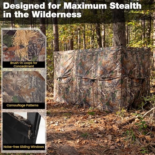 Tangkula 4-Panel Hunting Blind with Dog Door, 1-3 Person Pop-Up 3-Sided 360° See Through Ground Blind with Resilient Oxford Fabric, 4 Silent Windows, Carrying Bag for Deer & Turkey Hunting