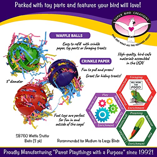 Super Bird Creations SB760 Waffle Ball Stuffers Toy, Colorful Bird Toys with Crinkle Shred, Satisfies Pulling & Preening, Relieves Boredom, Ideal Foraging Toys for Parrots, Medium/Large Birds Set of 3