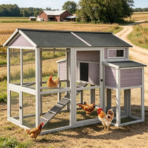 Gutinneen 75.7" Large Chicken Coop for 6-10 Chickens, Wooden Hen House with 2 Large Nesting Boxes, Elevated Sleeping Area, Waterproof Roof, Pull-Out Tray, Outdoor Poultry Cage with Run - size: 75.7"L x 65.7"W x 59.1"H