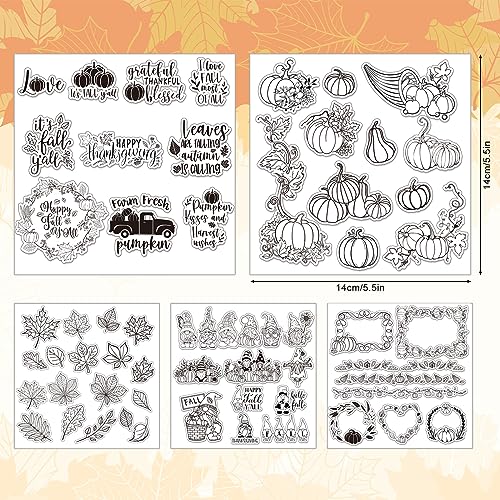 Whaline 5 Sheet Fall Thanksgiving Clear Stamps Autumn Leaves Pumpkin Gnome Silicone Transparent Stamps Happy Fall Border Stamp Cards for DIY Craft Card Making Scrapbooking Embossing Album Decor - style: Fall Thanksgiving
