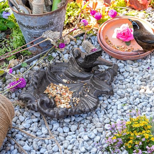 Sungmor Cast Iron Bird Feeder Dish, Rustic Brown Small Bird Feeding Tray | Decorative Leaf-Shaped Outdoor Bath Bowl Food Container for Garden, Patio or Yard - color: Antique Brown