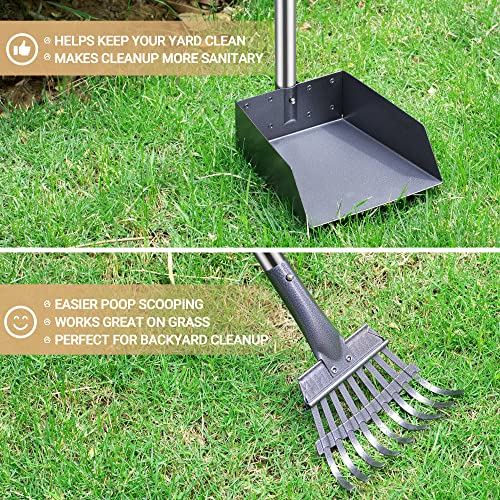 Dog Pooper Scooper, Dog Poop Tray and Rake Set with Long Stainless Handles | Pet Waste Removal Scoop with Adjustable Sectional Handles - color: Silver/Black