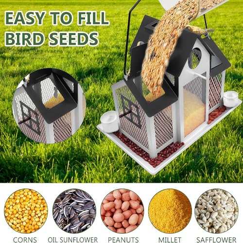 Solar Bird Feeders House for Outside Hanging, Metal Wild Bird Feeder for Outdoors Large Capacity Cardinal Birdfeeder Birdhouses Metal Bird Feeding Station White - color: white