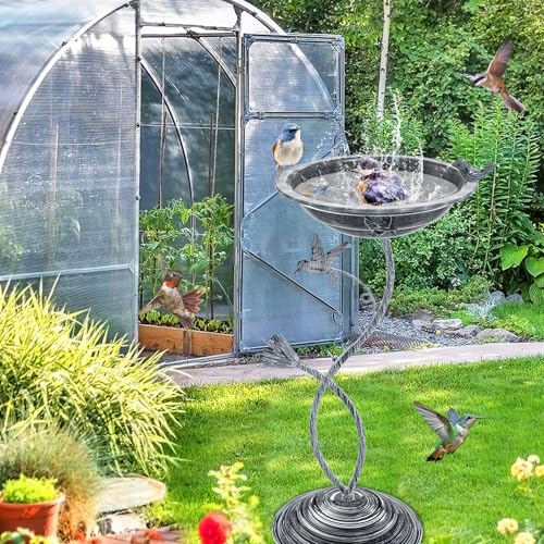 Bird Bath Garden for Outside, Vintage Metal Birdbaths Bowl with Roman Pedestal for Outdoors, Standing Bird Bath Bowl Birdfeeder for Yard Lawn Decor (Vintage Silver - Hummingbird) - color: Vintage Silver - Hummingbird