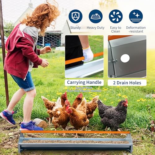 45" Chicken Trough Feeder, 5 Gallon Galvanized Steel Feed Trough with Drainage Holes & Red Crossbar | Heavy Duty, Rust-Proof Metal Duck Chicken Feeder Orange - color: Orange