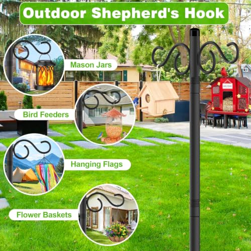 RCUICA Double Shepherds Hooks for Outdoor,2 Pack 110Inch Bird Feeder Pole with 5 Prongs Base,Heavy Duty Shepherds Hook,Suitable for Garden in Hanging Flower Basket,Lantern,Bird Nests (110 inch) - size: 2 Pack 110 inch