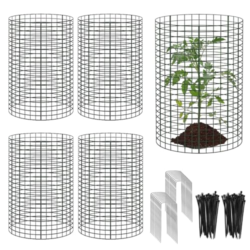 15 Pcs Large Wire Plant Protector from Animals, 5 Pack 24" H X 12" Dia Metal Plant Cage Chicken Wire Cloche with Ground Stakes and Nylon Tie to Keep Animals Out, Garden Protection Bunny Barricade - size: 5 Pack 24'' x 12''