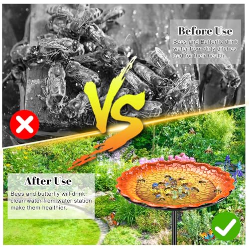 Bee Butterflies Watering Station, Standing Bee Feeder with Glass Marbles for Outside, Bee Bath Feeder with Metal Stakes Butterfly Puddler Garden Yard Déco (Yellow) - color: Yellow