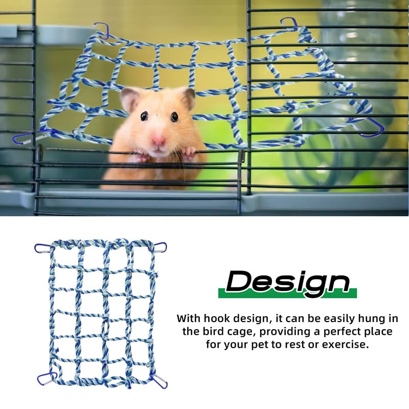 2 Pcs Rat Climbing Ropes for Cage - Rat Accessories - 12.6 x 9.84 inch Hammock - Cotton Rope Bridge - Bird Ladder with 4 Silver Hooks (Blue) - color: blue
