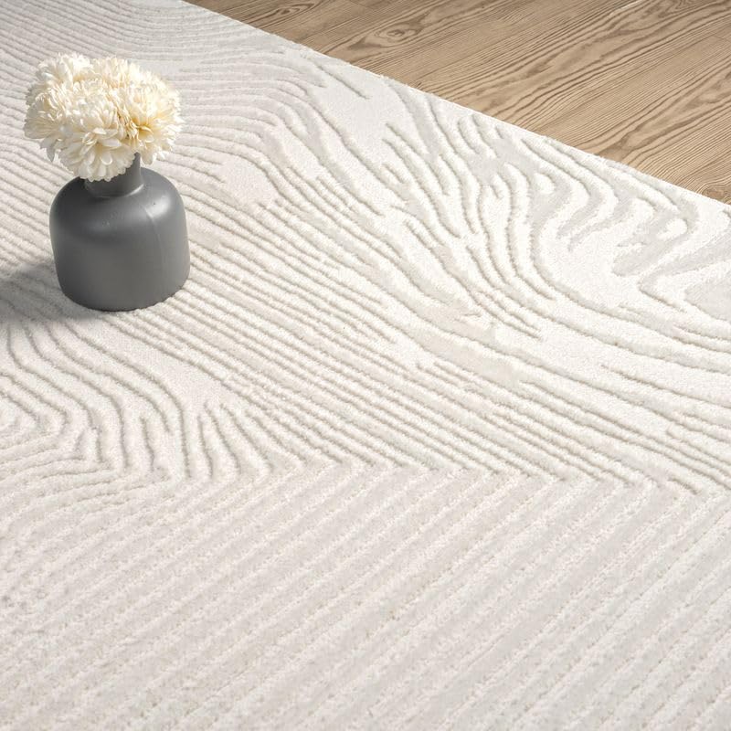 Abani Zen 4' x 6' Cream Rug – Neutral Layered Wavy Borders Pattern, Medium Soft Area Rug for Living Room & Bedroom, Durable & Easy to Clean - size: 4' x 6'