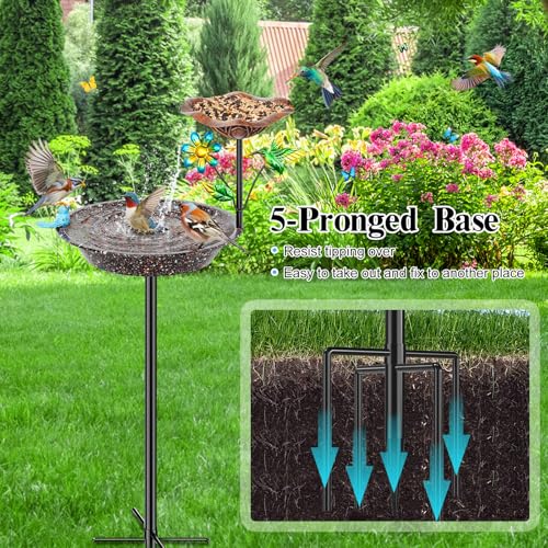 Metal Bird Bath for Outside, Birdbath Bowl Standing Bird Feeders for Outdoors with 5 Prongs Base Stake, Freestanding Birdfeeders for Garden Yard Lawn Decor (Brown 2-in-1 Bird) - color: Brown 2-in-1 bird