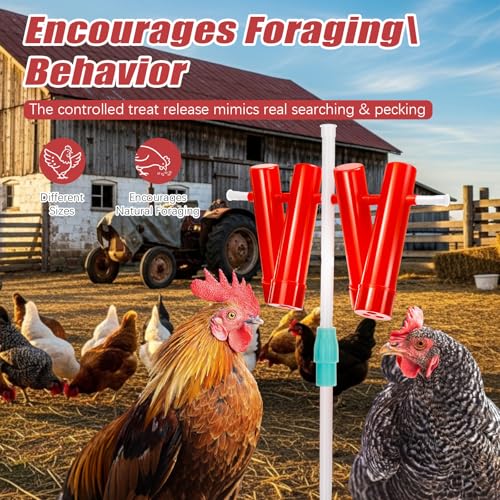 LemonRoad 4 Tube Chicken Treat Dispenser 31.5 Inch Height Adjustable Ground Stake Poultry Feeder Reduces Boredom and Bullying Enrichment Coop Accessories for Hens and Ducks