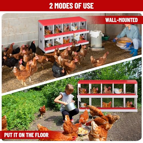 Garvee 10-Compartment Metal Chicken Nesting Box, Rustproof Galvanized Steel with Ventilated Holes, Removable Trays & Sturdy Bracket Legs, Easy Egg Collection - Red - color: Red, size: 10 Compartments