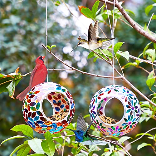 2 Pcs Mosaic Glass Hanging Bird Feeder Round Fly Through Balcony Bird Feeder for Backyard Window Outdoor Garden Deck Porch Decor - style: Elegant,Portable