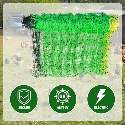 35.5"x164' Electric Fence Netting for Garden Goats Chicken | Electric Poultry Netting with Fiberglass Posts and Double-Spiked Stakes, Portable Mesh Fence for Backyards, Farms and Ranches