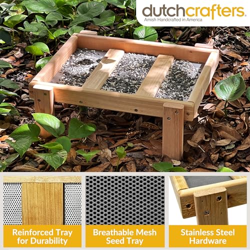 DutchCrafters Cedar Wood Large Open Ground Platform Bird Feeder Tray, Wooden Bird Seed Feeder for Outdoor Wild Birds, Animals for Outside, Garden, Yard