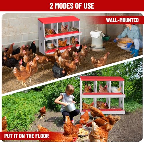 Garvee 6-Compartment Metal Chicken Nesting Box, Rustproof Galvanized Steel with Ventilated Holes, Removable Trays & Sturdy Bracket Legs, Easy Egg Collection - Red - color: Red, size: 6 Compartments