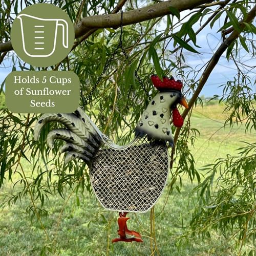 Rooster Metal Mesh Feeder - Garden Art Collection | Hand-Painted Metal Mesh Rooster Design - A Fun Gift for Bird Lovers - Holds 5 Cups of Seed