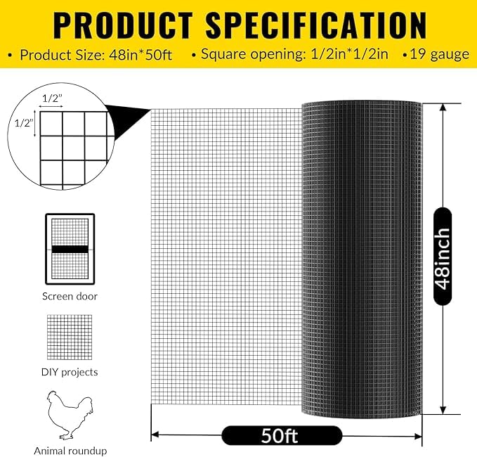 Welded Wire Fencing 48 Inch x 50 Foot, 1/2 Inch x 1/2 Inch 19GA Black PVC Wire Fence,Vinyl Coating Metal Wire Mesh for Yard Vegetable Protection Goat & Poultry Netting - color: Black, size: 48'' x 50'-1/2inch-19 Gauge