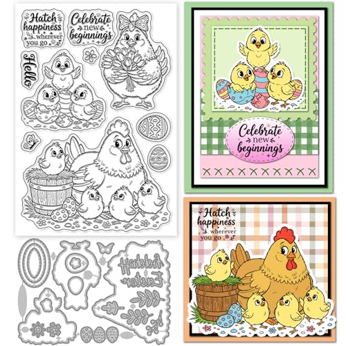GLOBLELAND Cartoon Chicken Clear Stamps and Metal Die Cuts Spring Easter Hen Transparent Stamp Cute Animals Cutting Dies for Card Making Embossing Scrapbooking - style: Cartoon Chicken