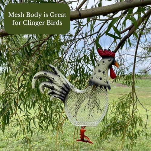 Rooster Metal Mesh Feeder - Garden Art Collection | Hand-Painted Metal Mesh Rooster Design - A Fun Gift for Bird Lovers - Holds 5 Cups of Seed