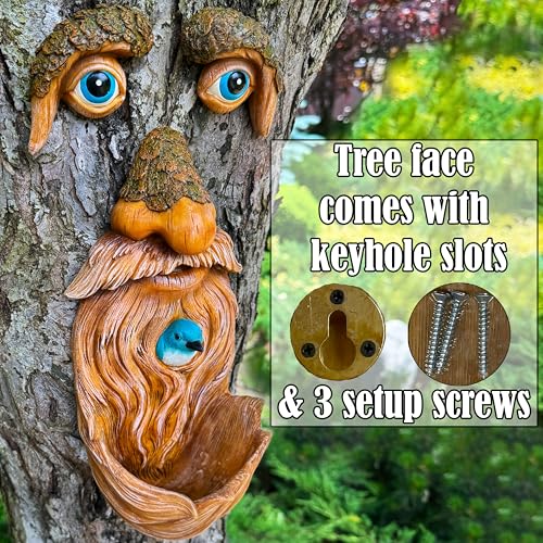 Mood Lab Tree Face Decor with Blue Bird Accent - Outdoor Old Man Face Decoration - Tree Garden Hugger - Yard Art Statue