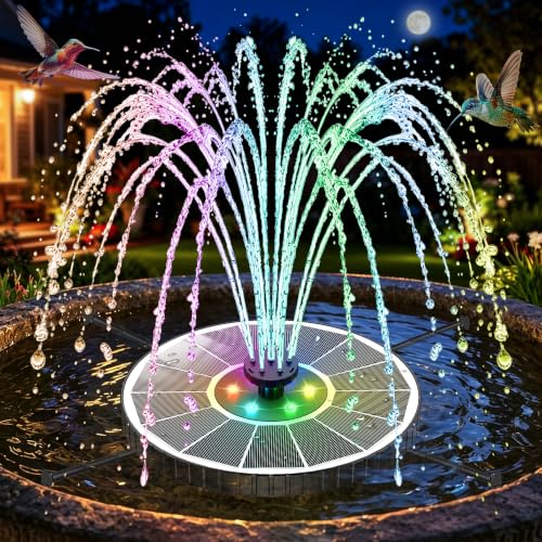 Solar Fountain with 3 Spray Height, Colorful Led Lights, 3.5W Glass Solar Bird Bath Water Fountain with 2000mAh Battery, 4 Rotating Rods and 7 Nozzles for Hummingbird Bathing, Outdoor Decor - color: White