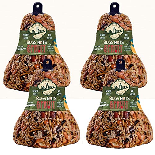Mr. Bird Bugs, Nuts & Fruit Wild Bird Seed Bell, 4-Pack, 12.5 oz | Premium Blend of Mealworms, Sunflower Hearts & Cranberries | No Melt | Handcrafted in Texas - size: 12.5 Ounce (Pack of 4)