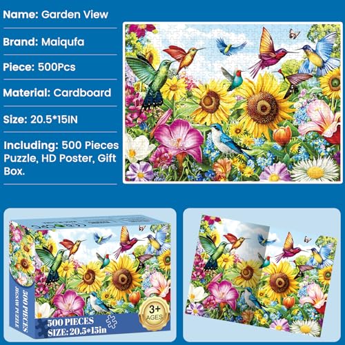 500 Pieces Puzzle for Adults - Summer Birds Garden Jigsaw Puzzle for Adults Teens,Recycled Cardboard Hummingbird Flowers Puzzle 500 Pieces,Challenging Game for Family Fun & Gift Idea,20.5 x 15 in - color: Birds Garden