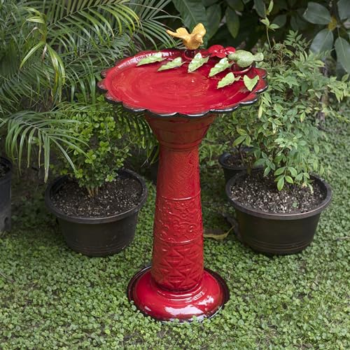 Alpine Corporation - 28" Tall Outdoor Metal Birdbath with Birds and Leaves Yard Statue Decoration, Red – Stunning Garden Accent to Attract Birds - Durable Construction for Patio, Deck, or Yard - color: Red