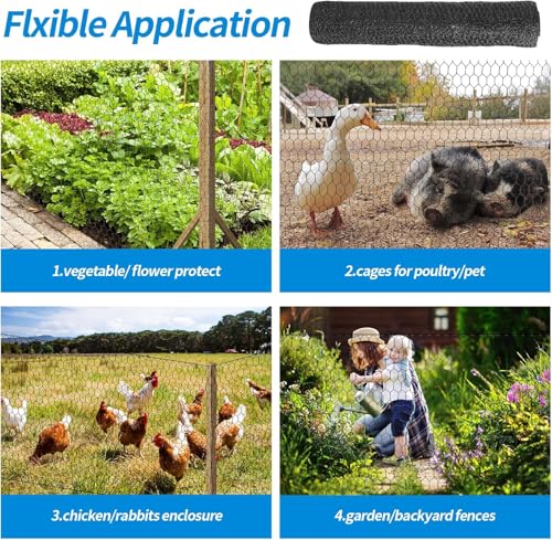 12'' x 50' Black Chicken Wire Fencing, 1 inch Chicken Wire and 19 Gauge Poultry Netting, Garden Mesh Fence Roll for Floral Arrangements/Crafts/Farm/Livestock/Pet Protection - size: 19 gauge 12'' x 50'