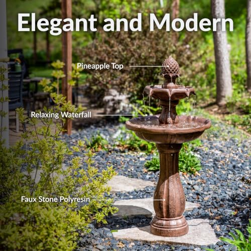 Sunnydaze 46" 2-Tier Solar Water Fountain, Pineapple Top, Rust Finish | Outdoor Solar Garden Fountain for Patio, Yard, Balcony, Easy Assembly, Calming Sound, Durable Polyresin, with Battery Backup - color: Rust