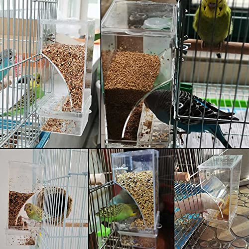 kathson No-Mess Bird Feeder Parrot Integrated Automatic Feeder Seed Food Container Acrylic Finch Foraging Feeders with Perch Cage Accessories for Small Birds Parakeet Canary Cockatiel Lovebirds - color: Clear