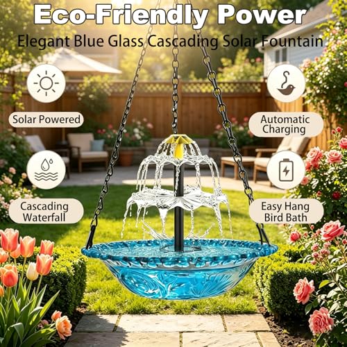3-Tier Solar Cascade Hanging Bird Bath Fountain | Solar Powered, Cascading Water Flow, Hanging Design, Outdoor Bird Bath, No Wiring Needed