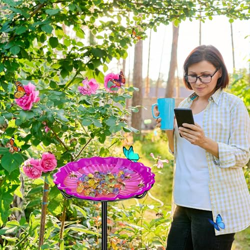 Bee Butterflies Watering Station, Standing Bee Feeder with Glass Marbles for Outside, Bee Bath Feeder with Metal Stakes Butterfly Puddler Garden Yard Déco (Rose) - color: Rose