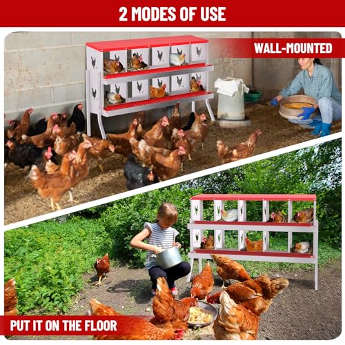 Galvanized Steel Chicken Nesting Box 10 Grids, Metal Egg Laying Boxes for Hens with Hinged Lid and Ventilated Design, Easy Clean Poultry Nest Box for Chicken Coop Accessories, Red, with Legs - color: Red, size: 10 Holes with Legs