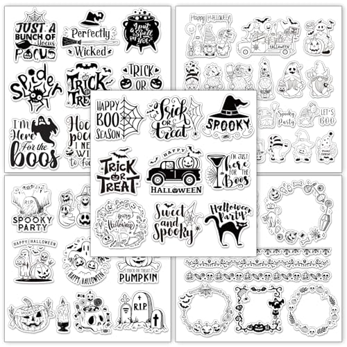 Whaline 5 Sheets Halloween Clear Stamps Gnome Pumpkin Spider Silicone Transparent Stamps Trick or Treat Border Stamp Cards for DIY Card Making Scrapbooking Embossing Album Decor - style: Halloween