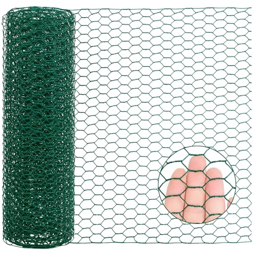 15.7” x 157” Chicken Wire for Floral Arrangements, 0.6” Hexagonal PVC Coated Galvanized Chicken Wire Mesh, Green Lightweight Fencing Wire for Garden