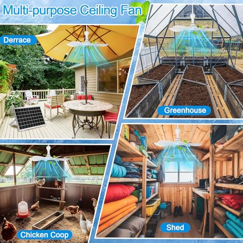 Tujoe Solar Ceiling Fan for Outdoor, 15w USB Portable Ceiling Hanging Fan, Dual Charging Modes & Solar Panel Powered for Chicken Coop, Tent, Greenhouse, Shed, Gazebo